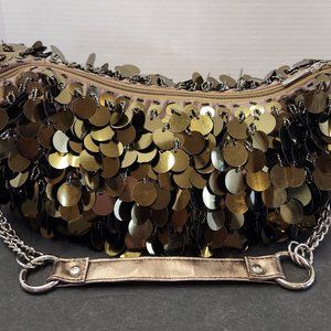 Gold Tone Sequin Bag w/Chain and Ring Handle Accent